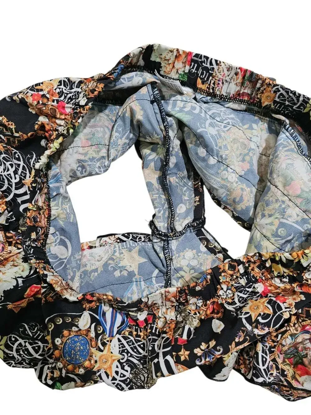 Lisa Blue Women's US 10 Large Black Silk Baroque Print Ruffled Mini Shorts Y2K